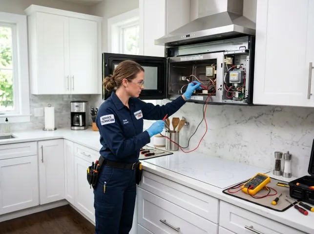 Appliance Repair Hero technician testing an over-the-range microwave in a Annapolis, MD kitchen