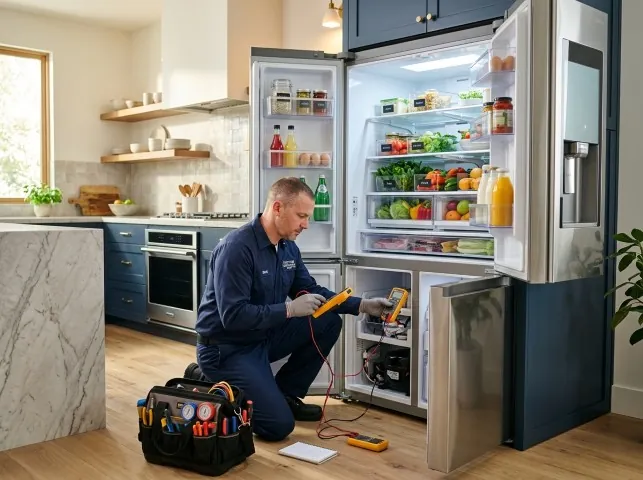 Appliance Repair Hero refrigerator technician testing a fridge on a Annapolis, MD service call